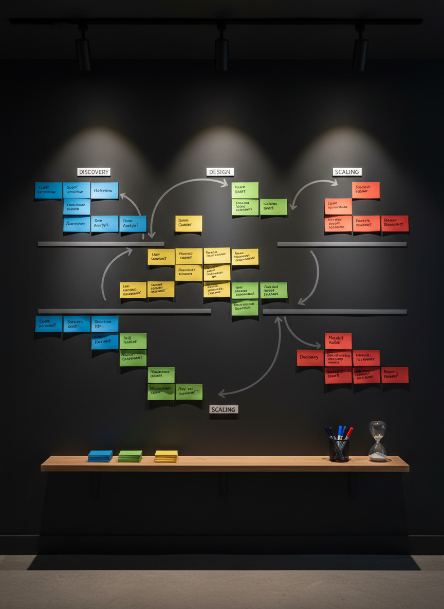 A large, neatly arranged kanban-style planning board mounted on a matte charcoal wall, covered with color-coded, hand-written task cards representing phases of a consulting engagement: discovery, design, testing, and scaling. Arrows made from thin magnetic strips connect clusters of cards, hinting at feedback loops and continuous improvement. Below the board, a narrow shelf holds tidy stacks of fresh cards, markers, and a small hourglass partly drained. Warm, directional track lighting from above casts subtle shadows, giving depth to each card and creating a focused, strategic atmosphere. Photographic realism, captured straight-on with sharp focus from edge to edge, reinforces clarity, structure, and disciplined yet adaptive project leadership in progress.