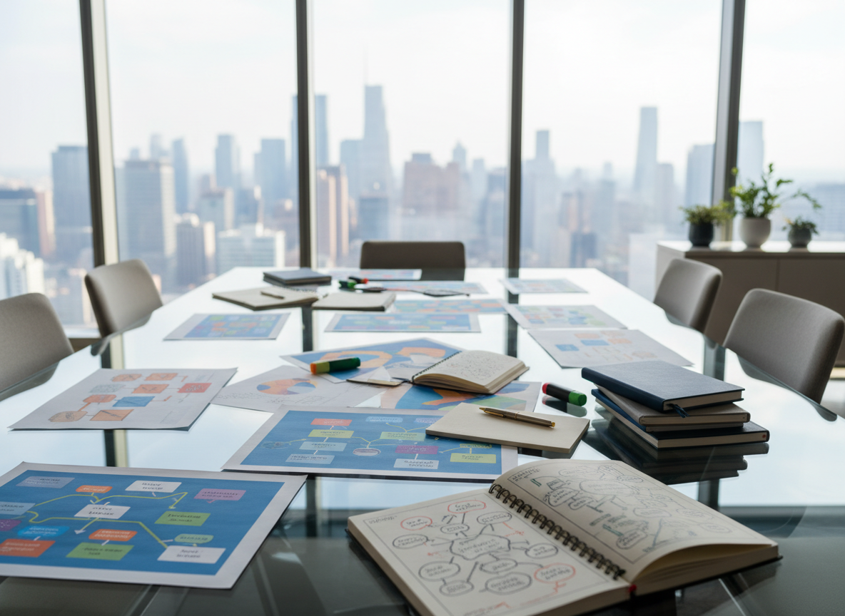 A large, sleek glass conference table covered with an organized spread of colorful strategy diagrams, handwritten mind maps, and neatly stacked notebooks, symbolizing continuous learning and transformation. The table sits in a modern, high-floor office with floor-to-ceiling windows revealing a soft-focus city skyline. Late-morning natural light pours in, creating gentle reflections on the glass surface and subtle highlights on metallic pen barrels. Shot at eye level with a shallow depth of field, the foreground papers are in crisp focus while the background blurs into calm neutrals. The photographic realism emphasizes a professional, thoughtful atmosphere, conveying an in-progress business strategy session without showing any people, only their intelligent, evolving work.